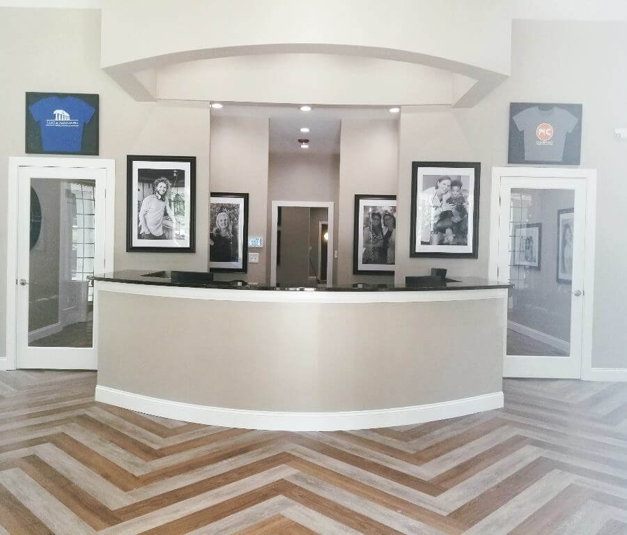 Front Lobby of Southern Pines Dental Office with Brown and Tan Chevron Floors